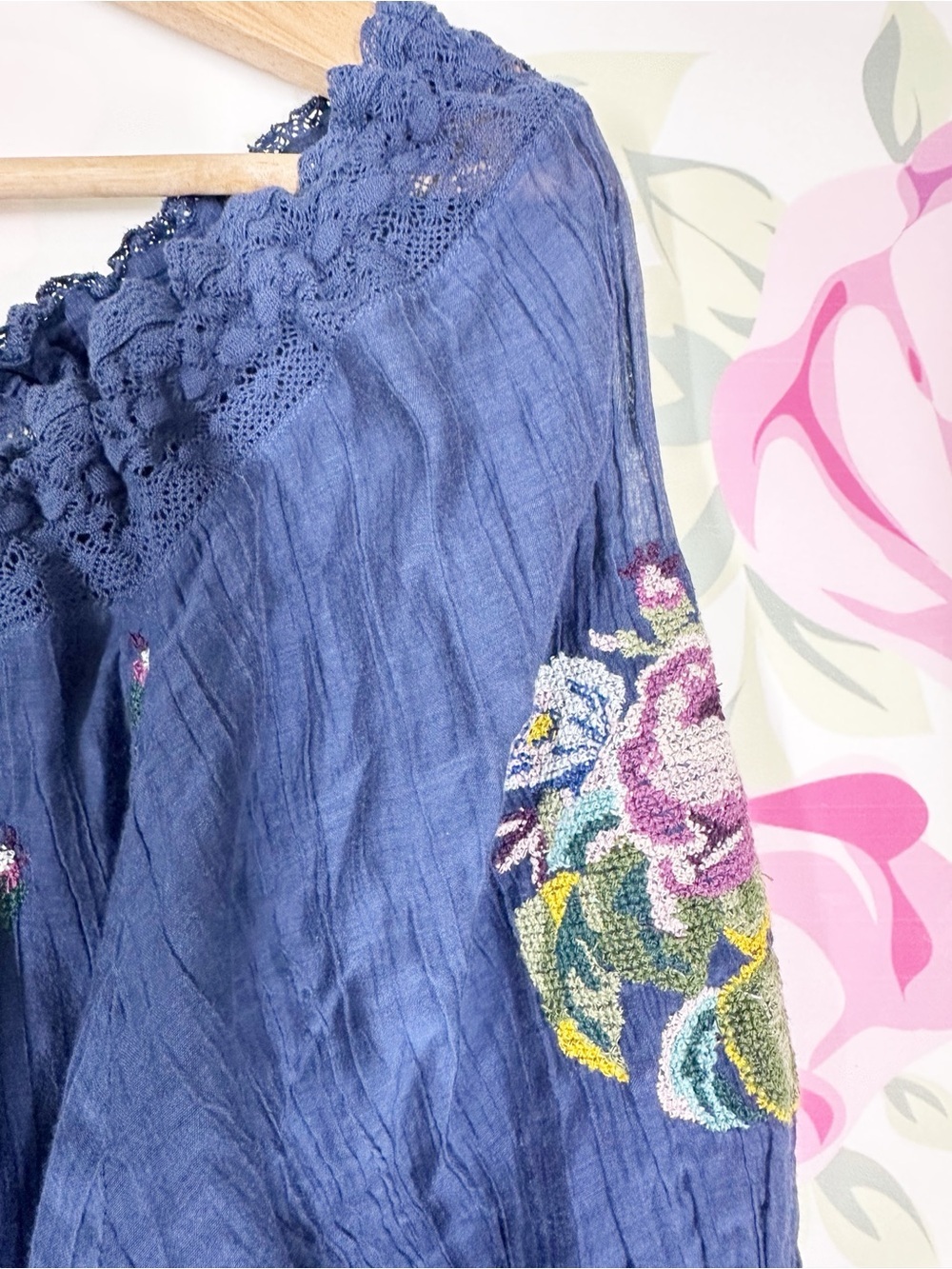 Sundance Navy Embroidered Peasant Floral Sleeve Silk Cotton Blend Blouse Top L - Picture 3 of 7